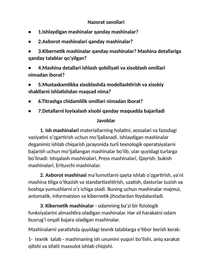 Mashina mexanizmlar xavfsizligi fanidan mazorat savollari