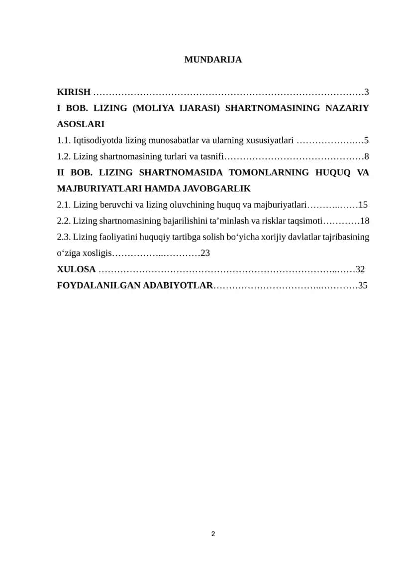 LIZING (MOLIYA IJARASI) SHARTNOMASINING FUQAROLIK HUQUQIY XUSUSIYATLARI