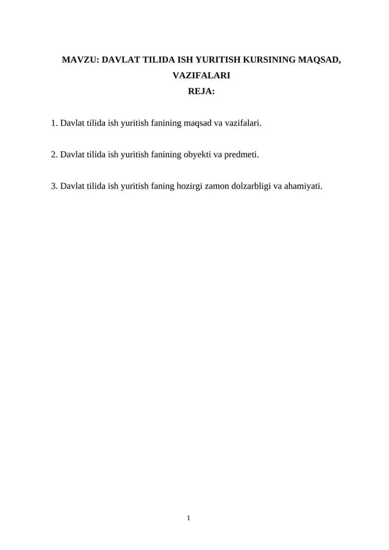 DAVLAT TILIDA ISH YURITISH KURSINING MAQSAD, VAZIFALARI