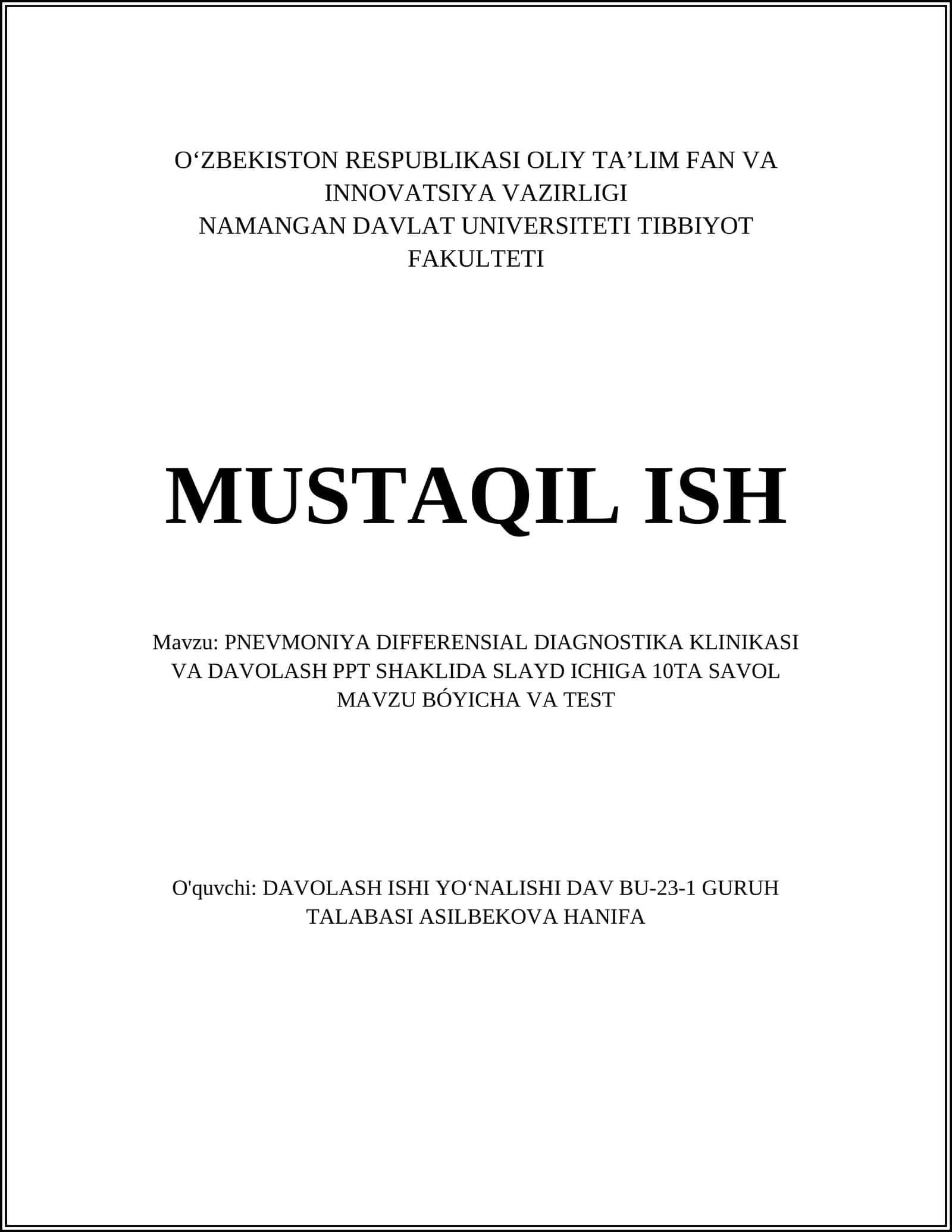 PNEVMONIYA DIFFERENSIAL DIAGNOSTIKA KLINIKASI VA DAVOLASH PPT SHAKLIDA SLAYD ICHIGA 10TA SAVOL