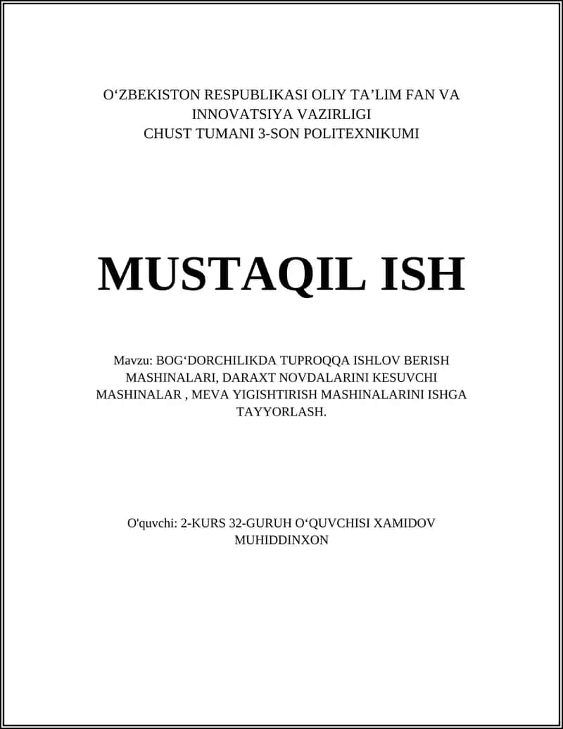 BOGʻDORCHILIKDA TUPROQQA ISHLOV BERISH MASHINALARI