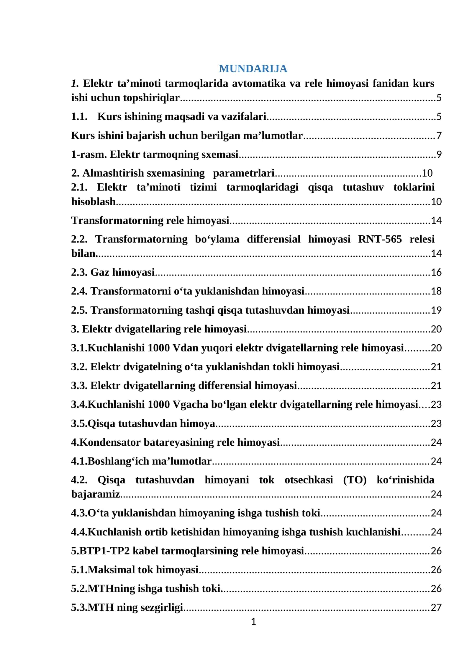 Elektr ta’minoti tarmoqlarida avtomatika va rele himoyasi fanidan kurs ishi