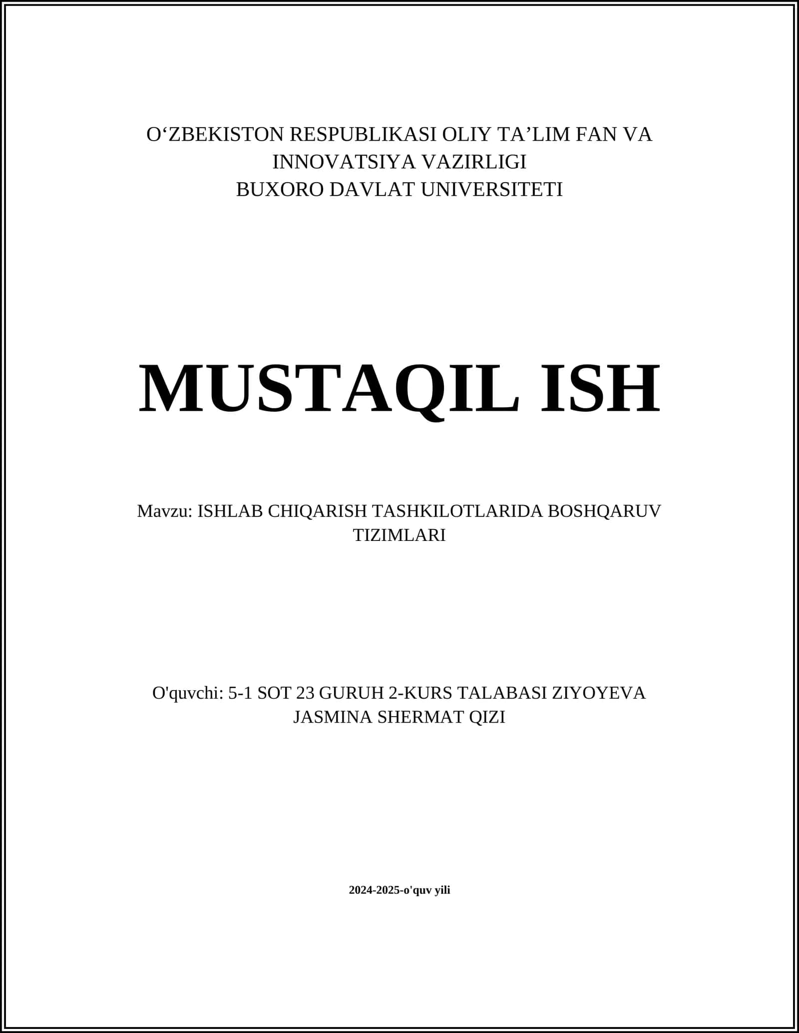 ISHLAB CHIQARISH TASHKILOTLARIDA BOSHQARUV TIZIMLARI