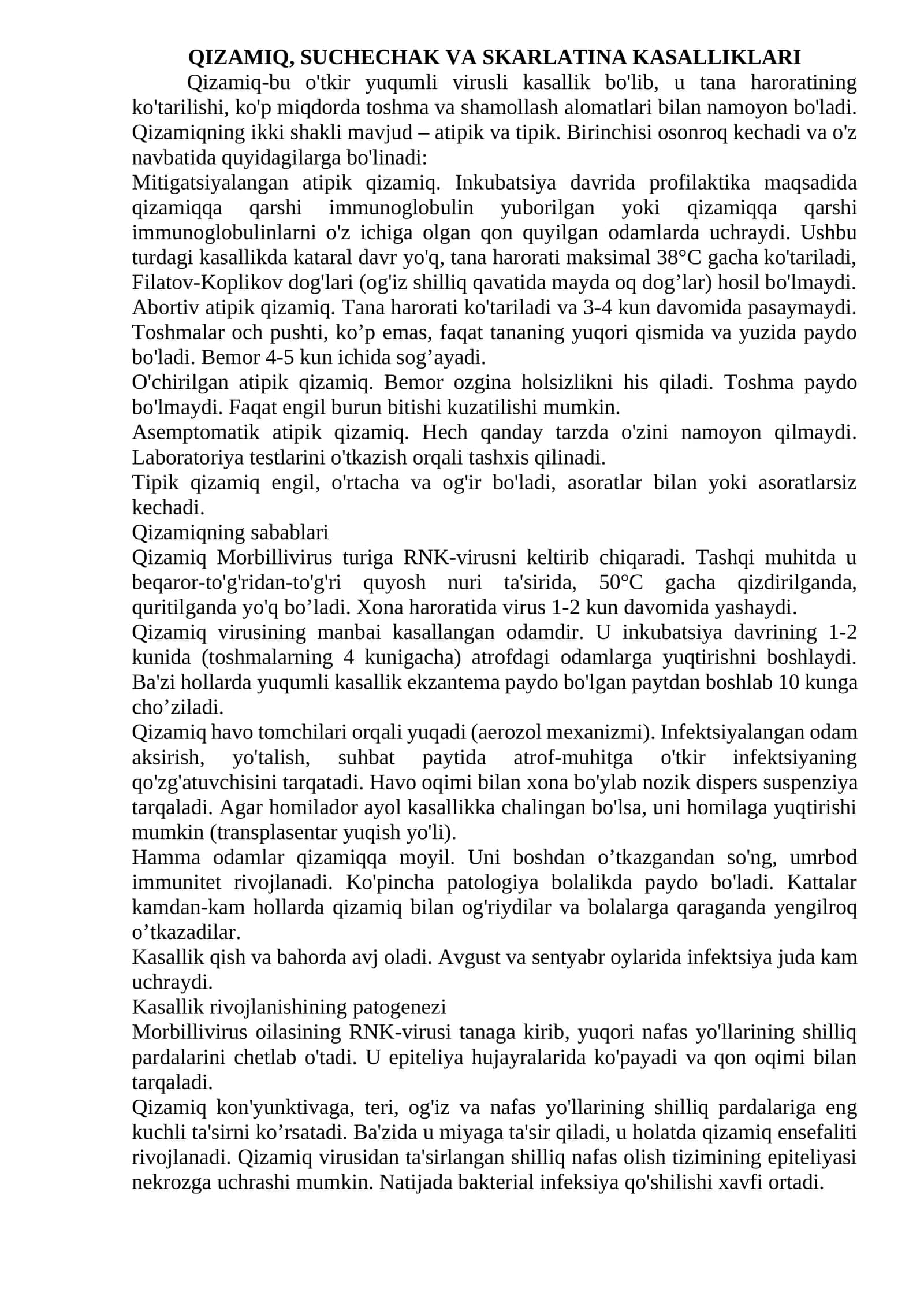 QIZAMIQ, SUCHECHAK VA SKARLATINA KASALLIKLARI