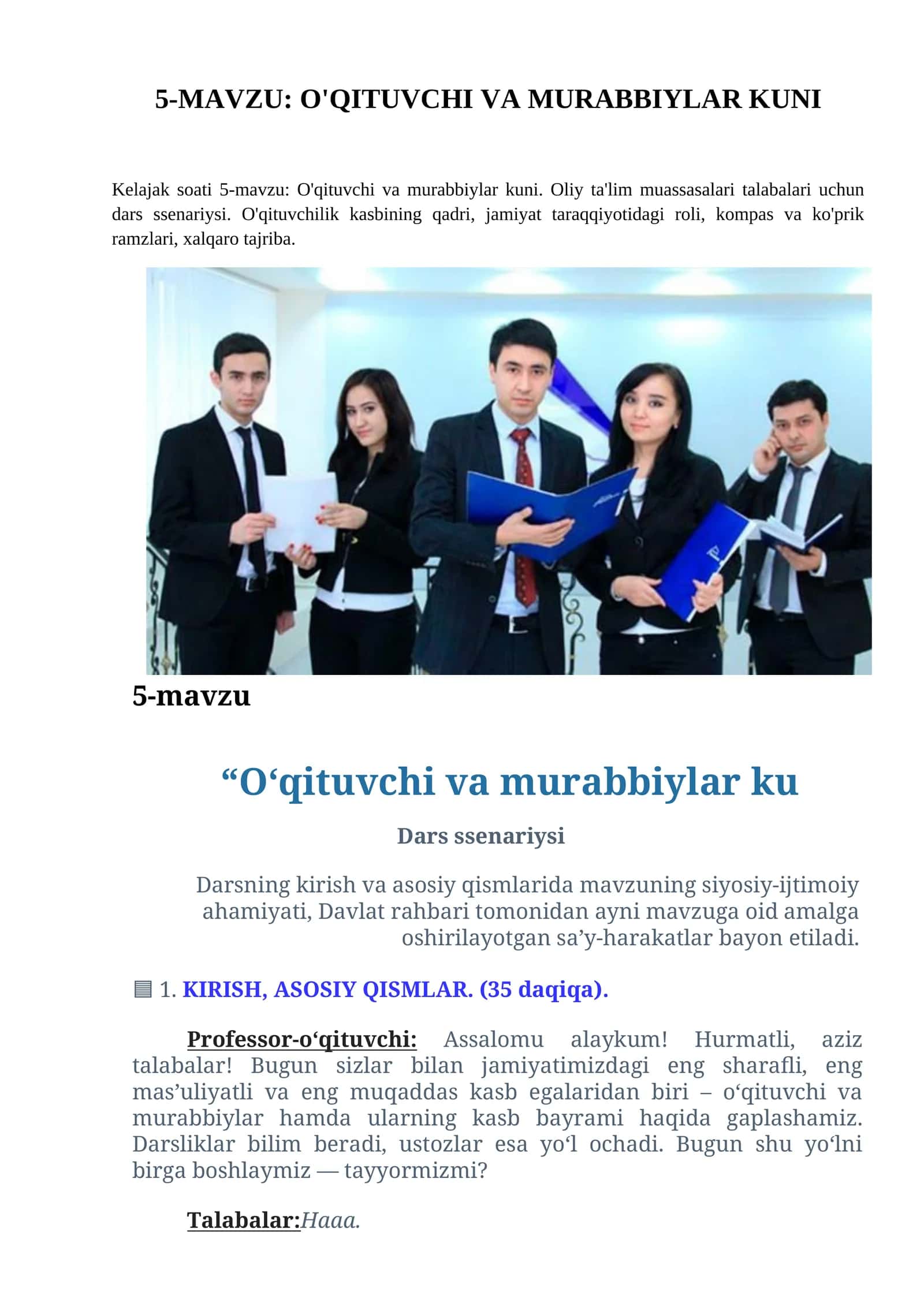 O'QITUVCHI VA MURABBIYLAR KUNI