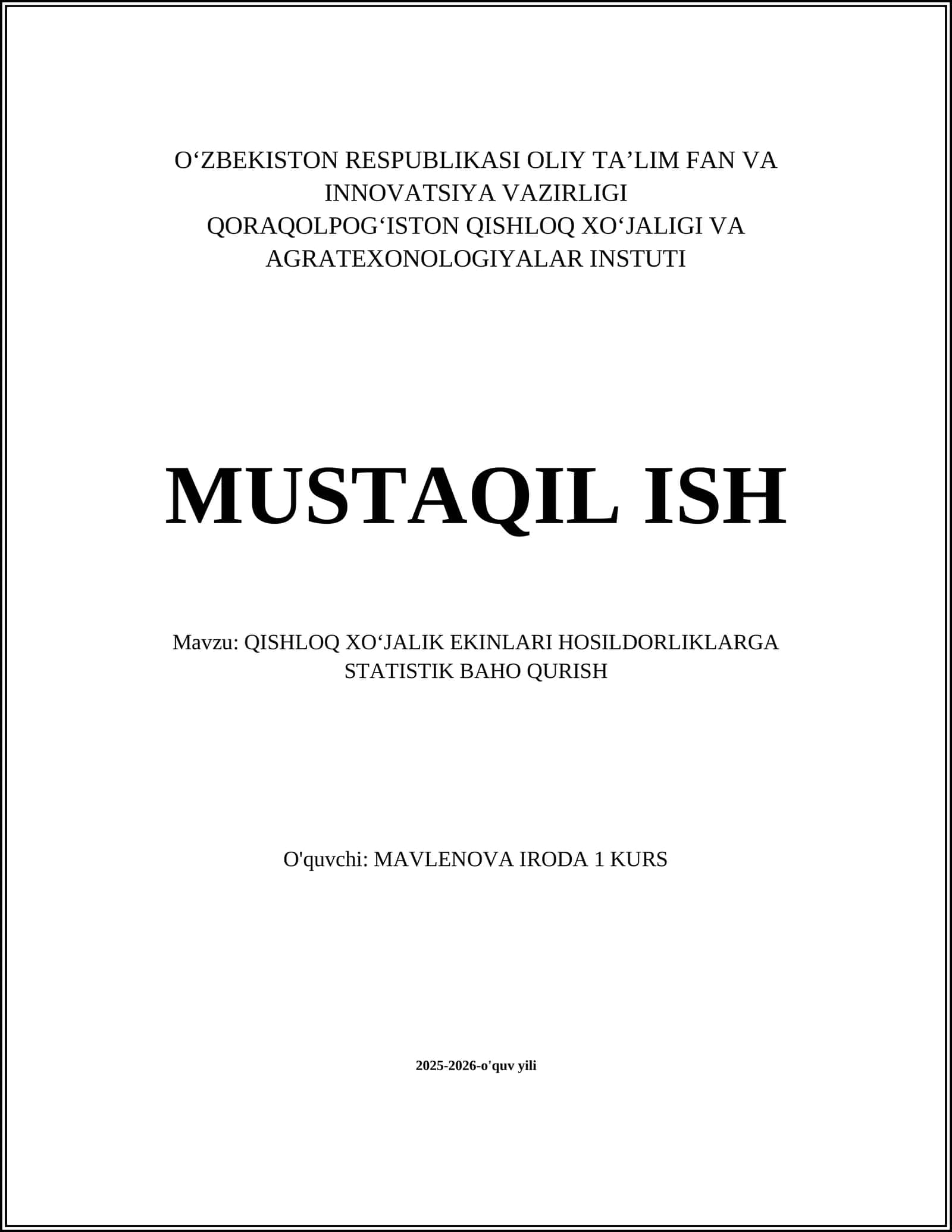 QISHLOQ XOʻJALIK EKINLARI HOSILDORLIKLARGA STATISTIK BAHO QURISH