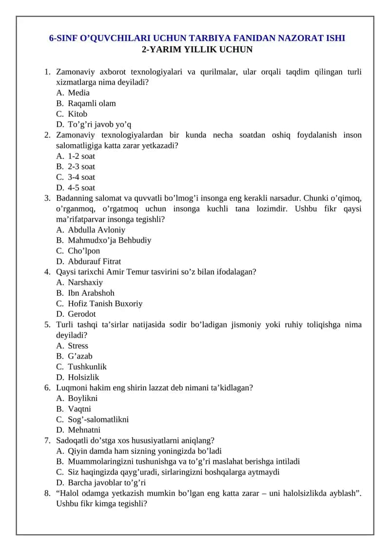 6-SINF O’QUVCHILARI UCHUN TARBIYA FANIDAN NAZORAT ISHI 2-YARIM YILLIK UCHUN