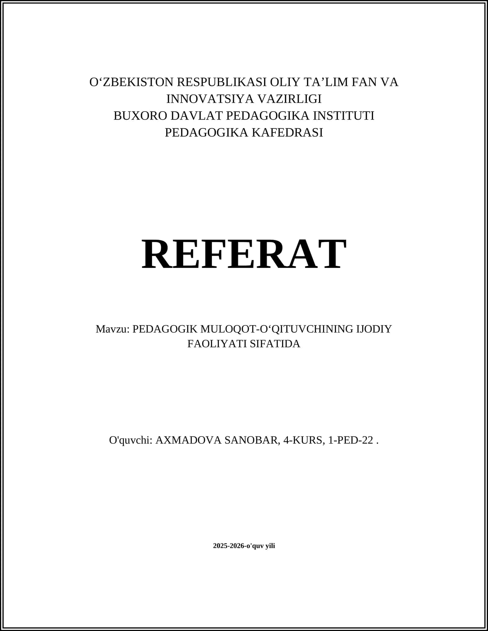 PEDAGOGIK MULOQOT-O‘QITUVCHINING IJODIY FAOLIYATI SIFATIDA