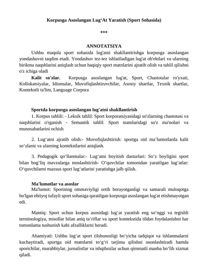 Korpusga Asoslangan LugʻAt Yaratish (Sport Sohasida)