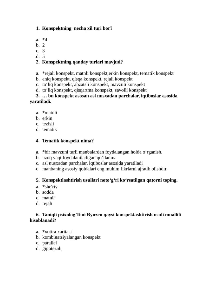 Akademik yozuv fanidan "KONSPEKT. KONSPEKT TURLARI.KONSPEKT USULLARI" mavzusida test savollari (javoblari bilan)