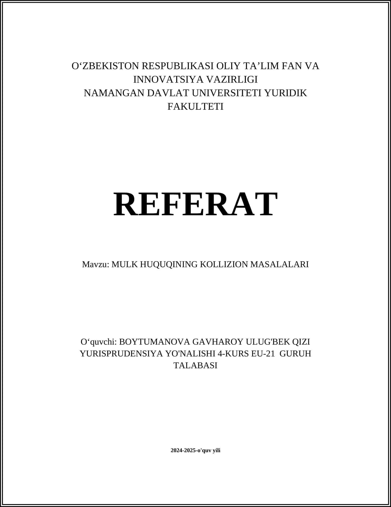 MULK HUQUQINING KOLLIZION MASALALARI