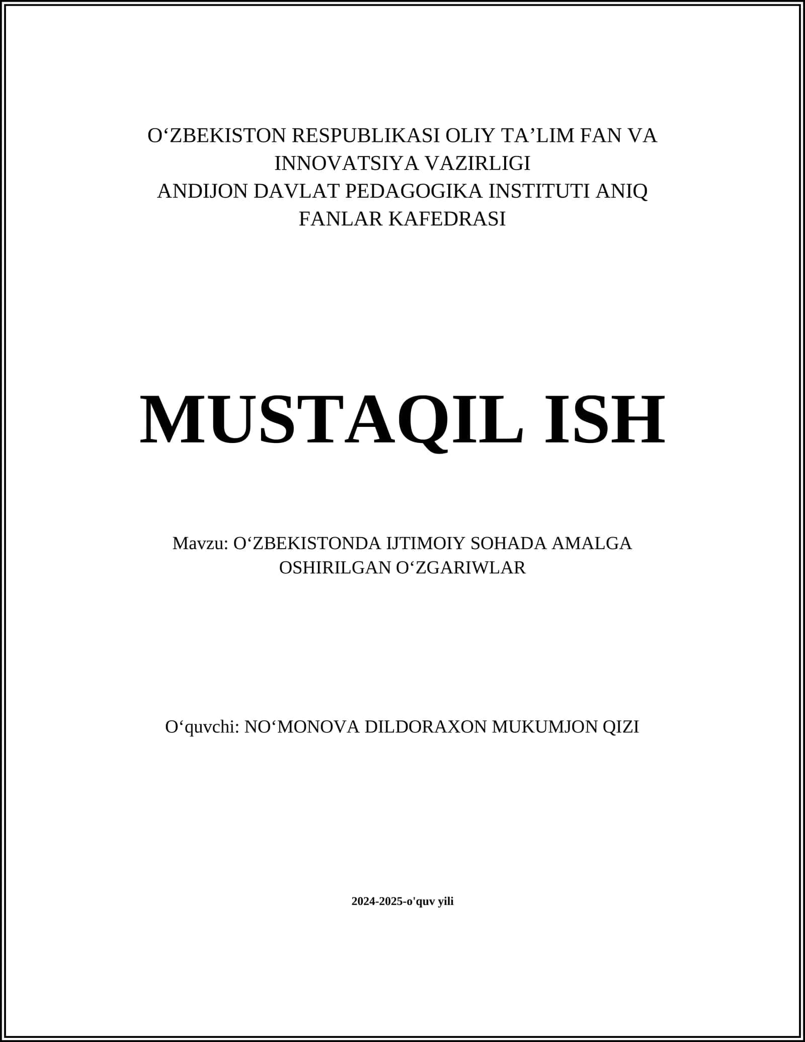 O‘ZBEKISTONDA IJTIMOIY SOHADA AMALGA OSHIRILGAN OʻZGARIWLAR