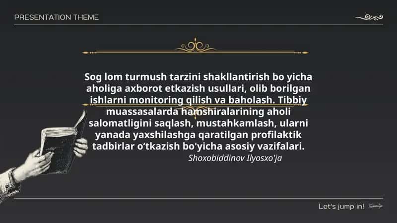 Sog lom turmush tarzini shakllantirish bo yicha aholiga axborot etkazish usullari, olib borilgan ishlarni monitoring qilish va baholash. Tibbiy muassasalarda hamshiralarining aholi salomatligini saqlash, mustahkamlash, ularni yanada yaxshilashga qaratilgan profilaktik tadbirlar oʻtkazish bo'yicha asosiy vazifalari.