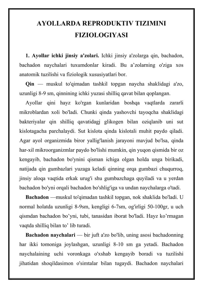 Ayollarda Reproduktiv Tizimini Fiziologiyasi
