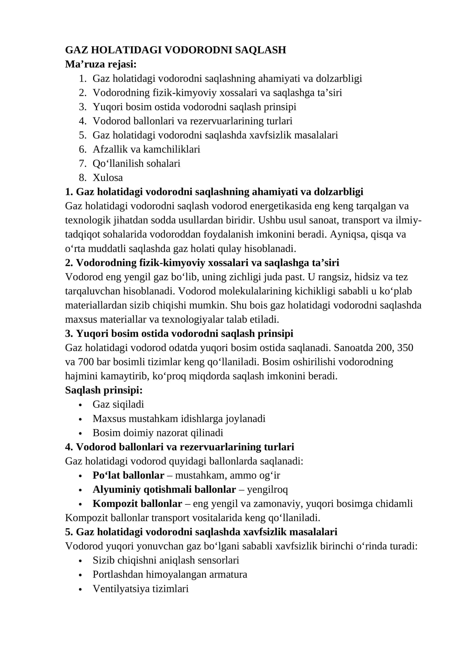 Gaz holatidagi vodorodni saqlash