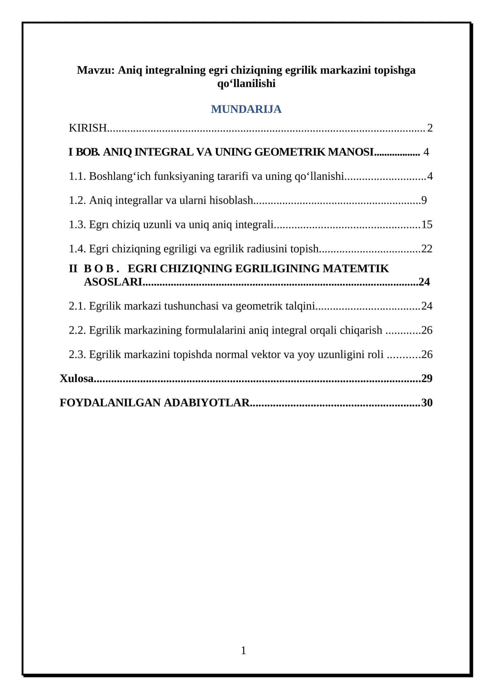 Aniq integralning egri chiziqning egrilik markazini topishga qoʻllanilishi