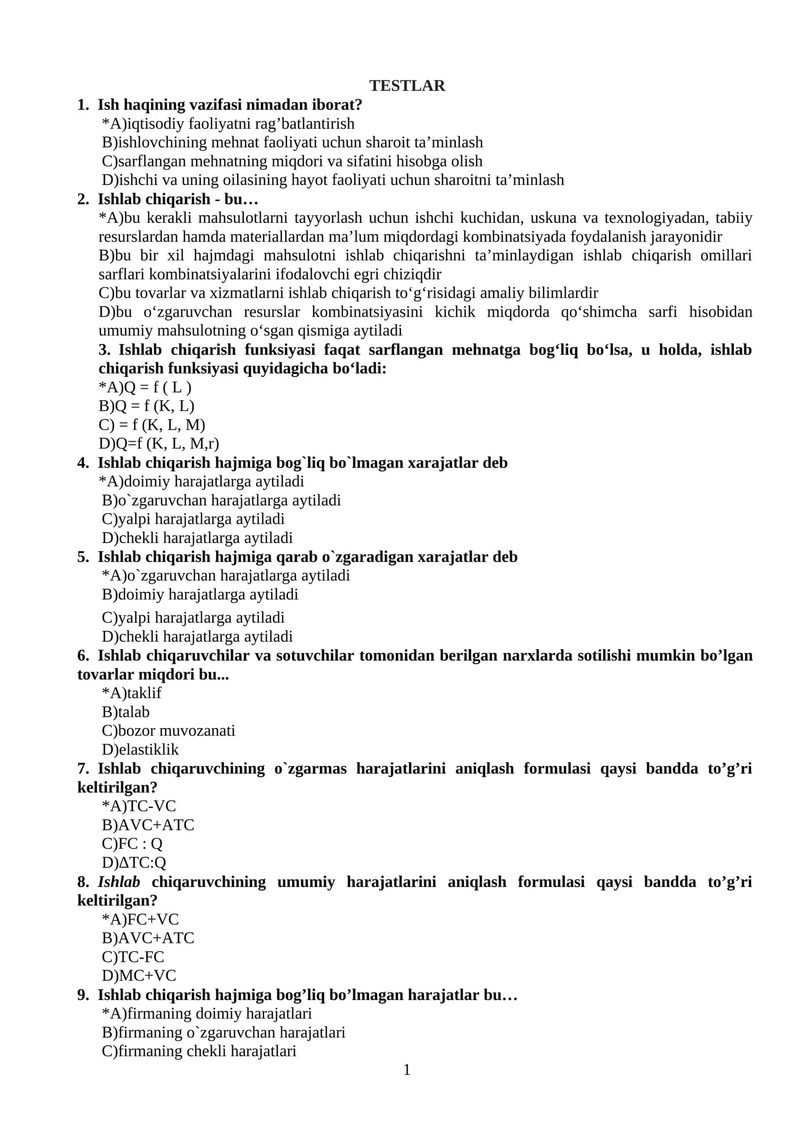 TESTLAR Mikroiqtisodiyot