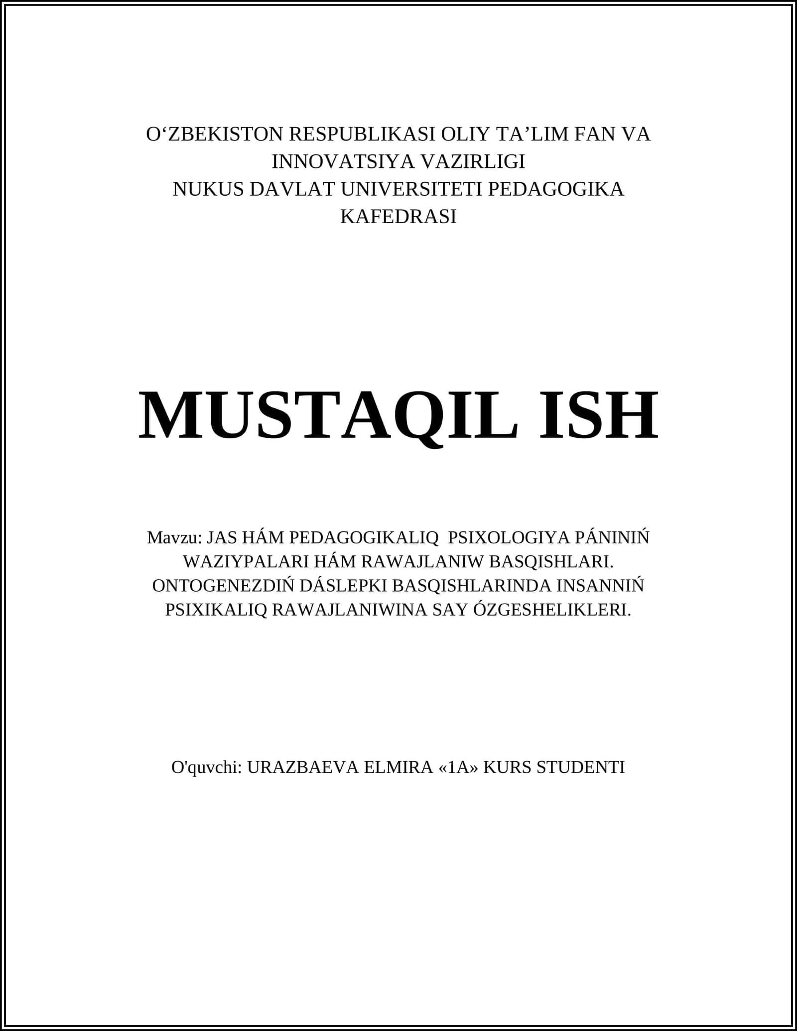 JAS HÁM PEDAGOGIKALIQ PSIXOLOGIYA PÁNINIŃ WAZIYPALARI HÁM RAWAJLANIW BASQISHLARI
