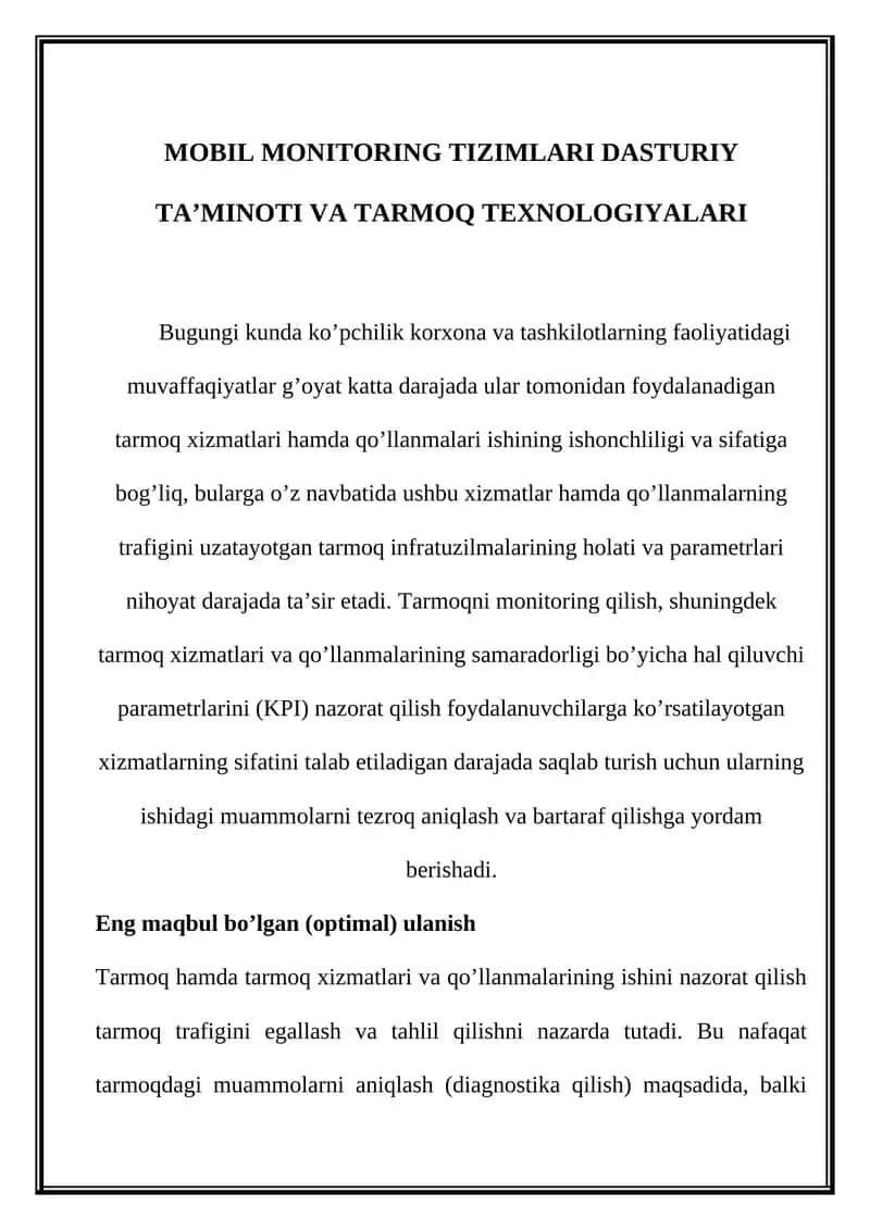 MOBIL MONITORING TIZIMLARI DASTURIY TA’MINOTI VA TARMOQ TEXNOLOGIYALARI
