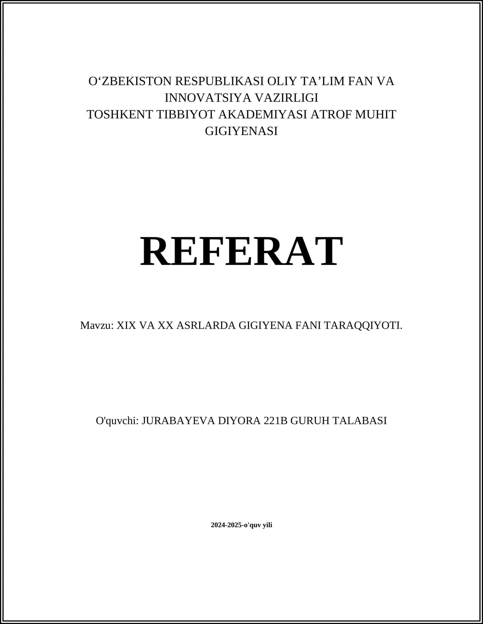 XIX VA XX ASRLARDA GIGIYENA FANI TARAQQIYOTI