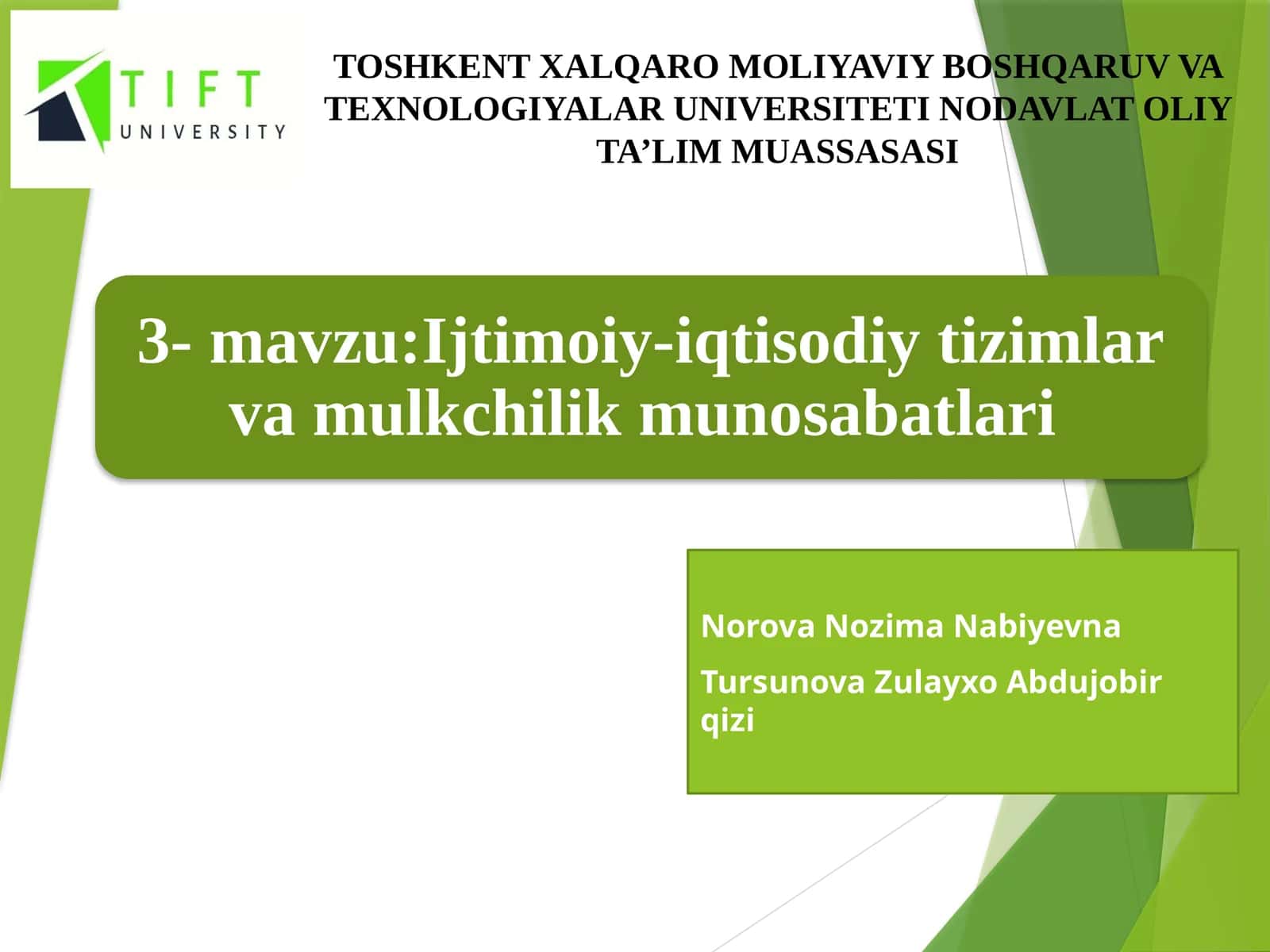 TOSHKENT XALQARO MOLIYAVIY BOSHQARUV VA TEXNOLOGIYALAR UNIVERSITETI NODAVLAT OLIY TA’LIM MUASSASASI