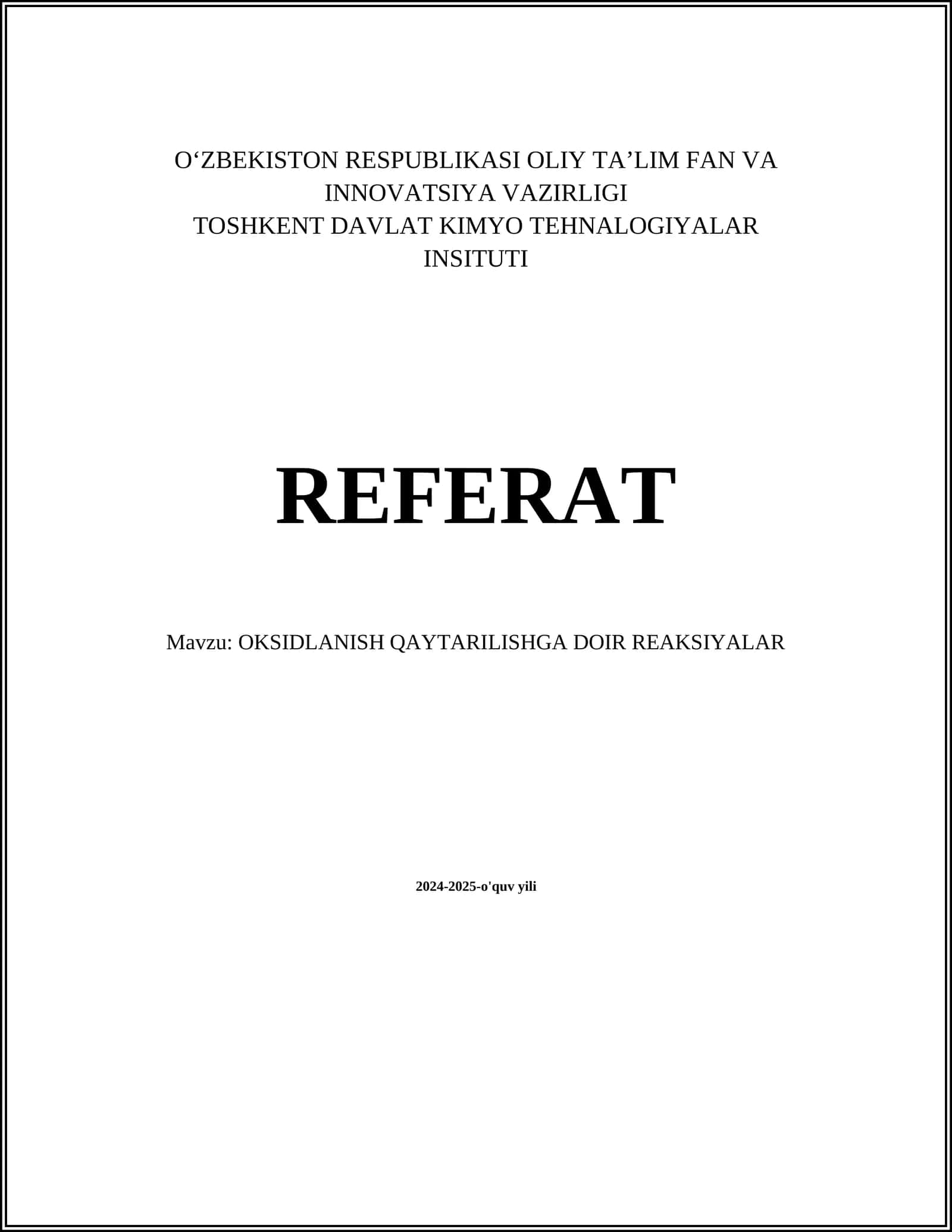 OKSIDLANISH QAYTARILISHGA DOIR REAKSIYALAR