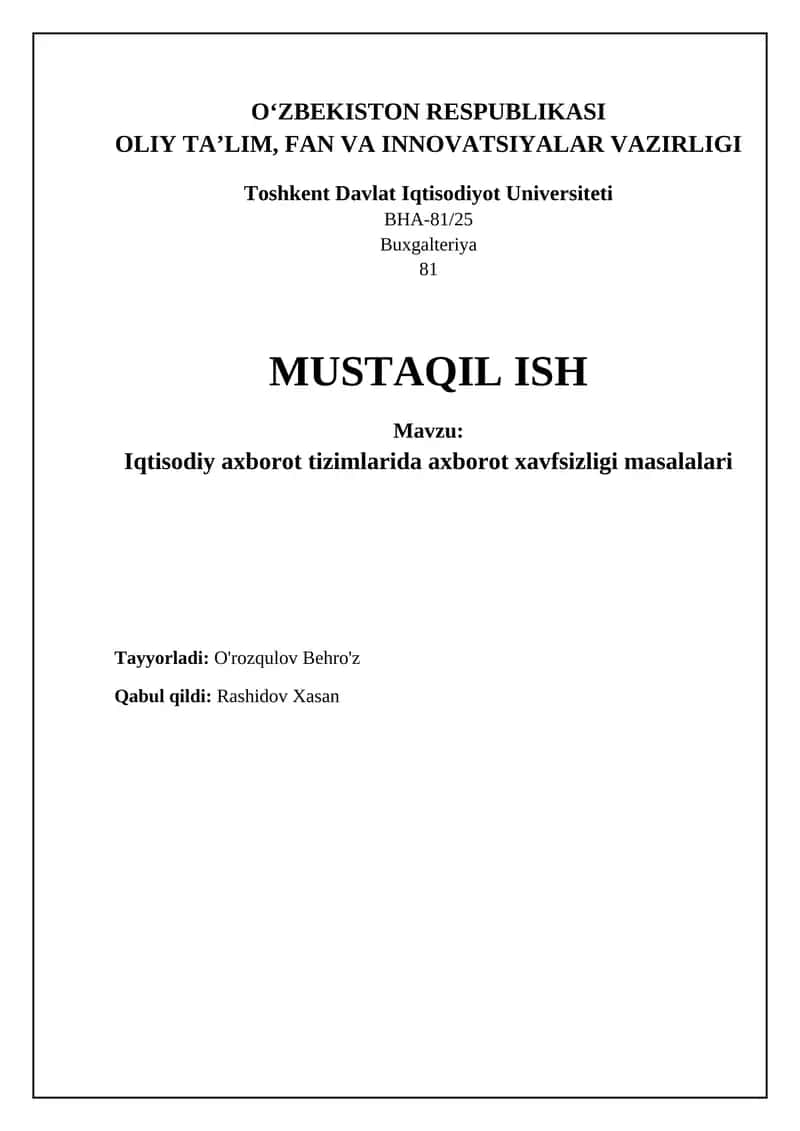 Iqtisodiy axborot tizimlarida axborot xavfsizligi masalalari