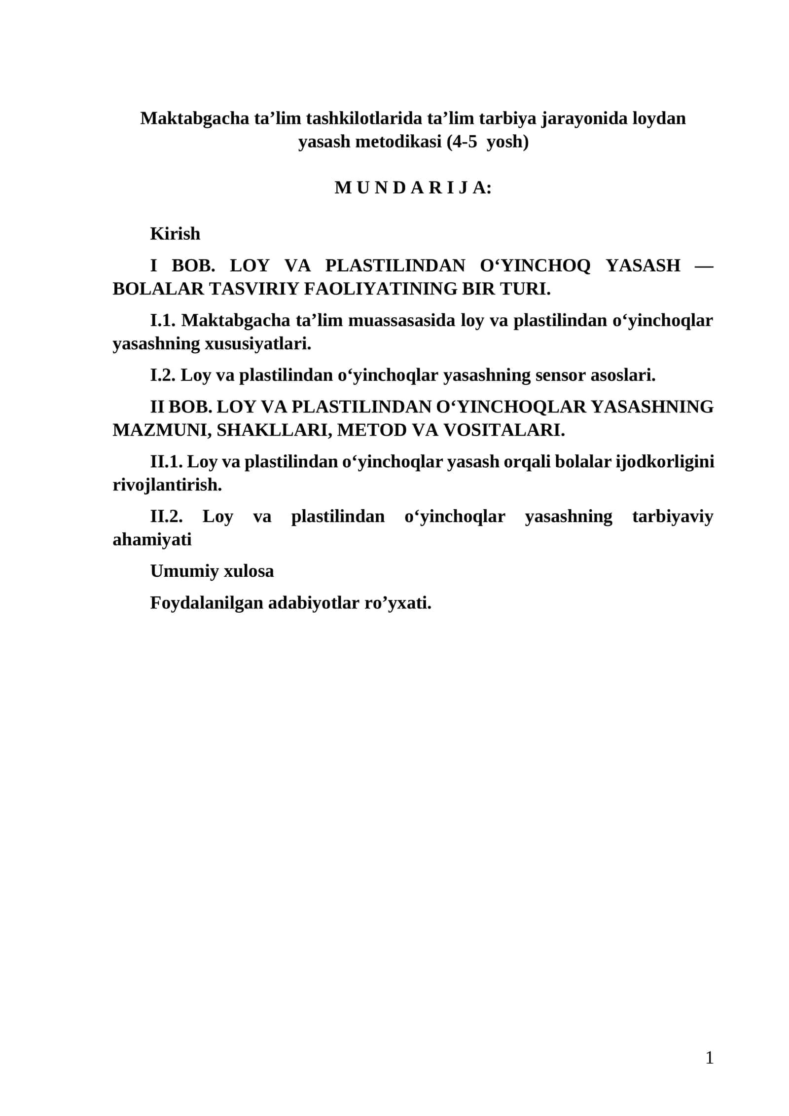 Maktabgacha taʼlim tashkilotlarida taʼlim tarbiya jarayonida loydan yasash metodikasi (4-5 yosh)