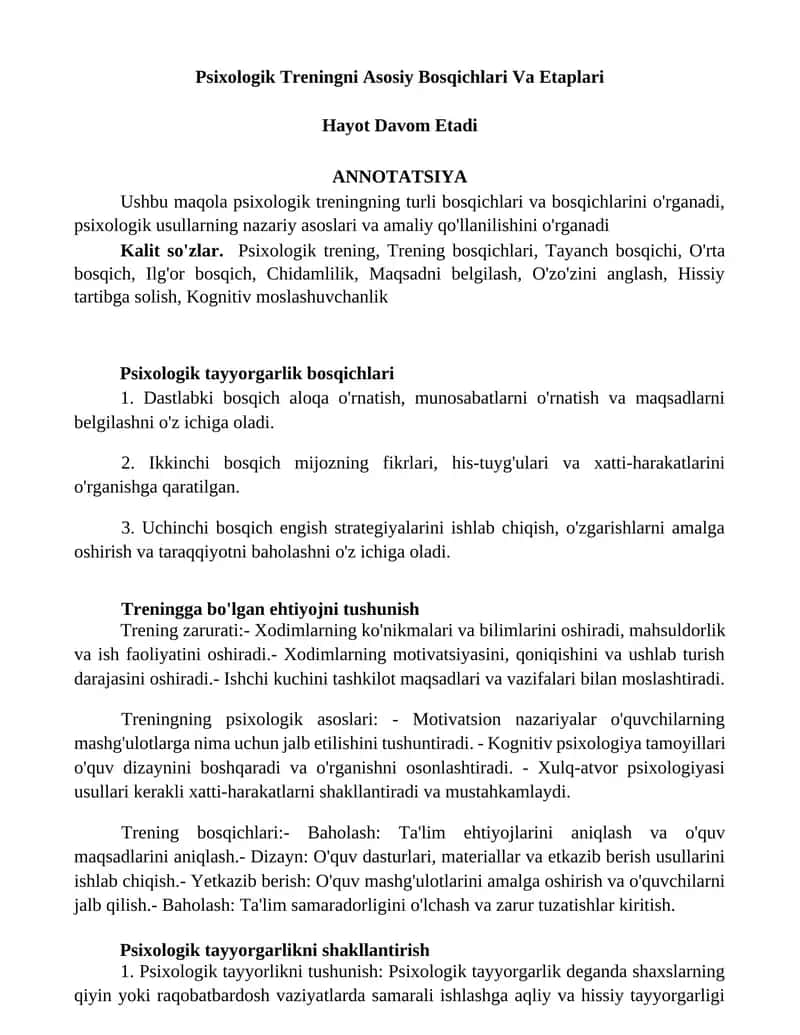 Psixologik Treningni Asosiy Bosqichlari Va Etaplari