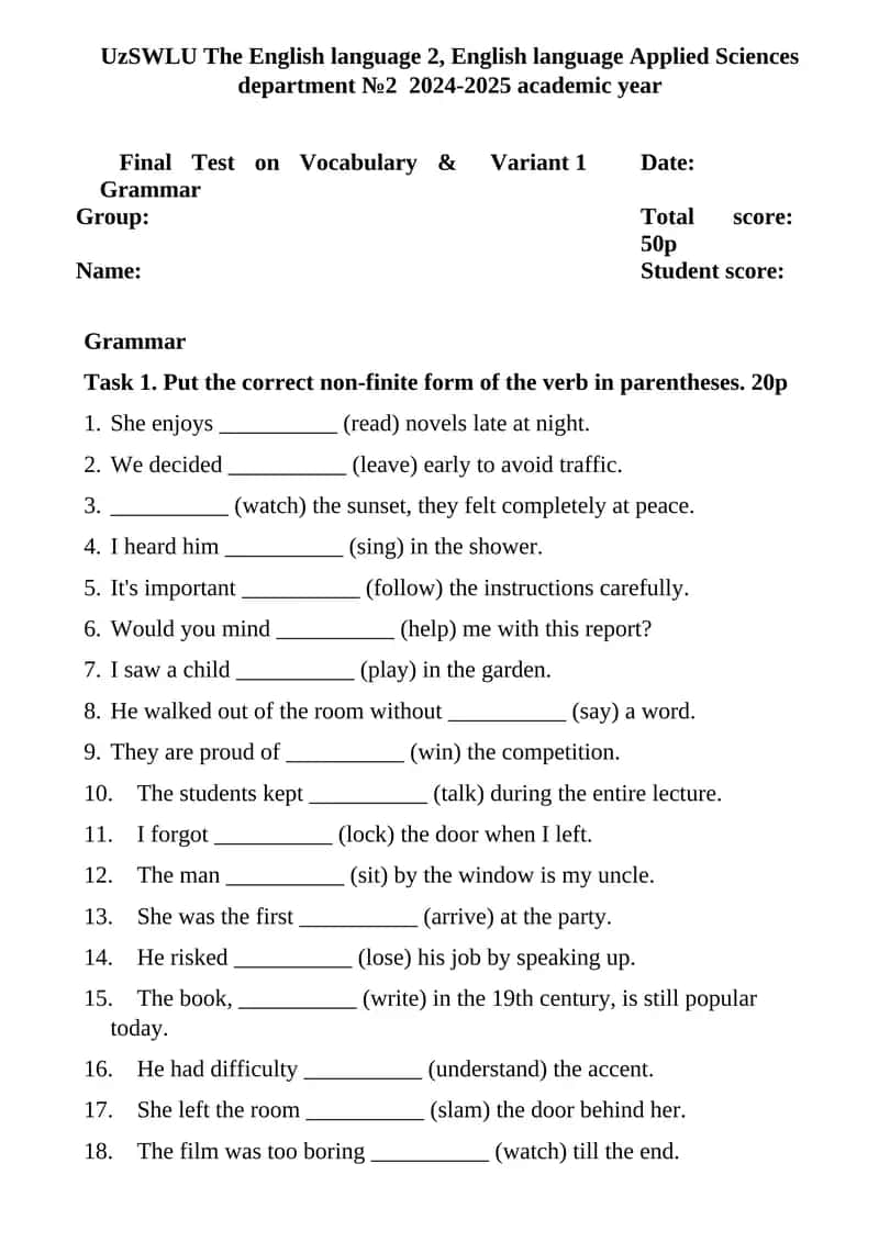 Final Test on Vocabulary & Grammar