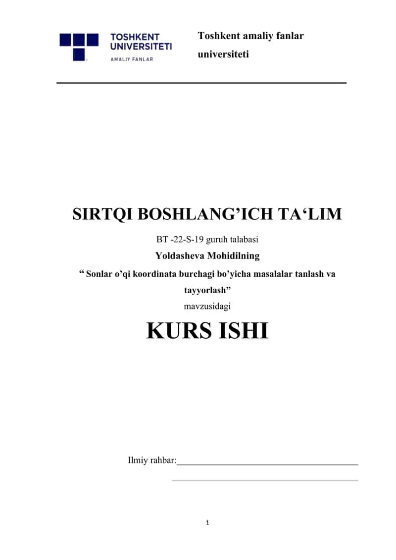 Sonlar o’qi koordinata burchagi bo’yicha masalalar tanlash va tayyorlash.
