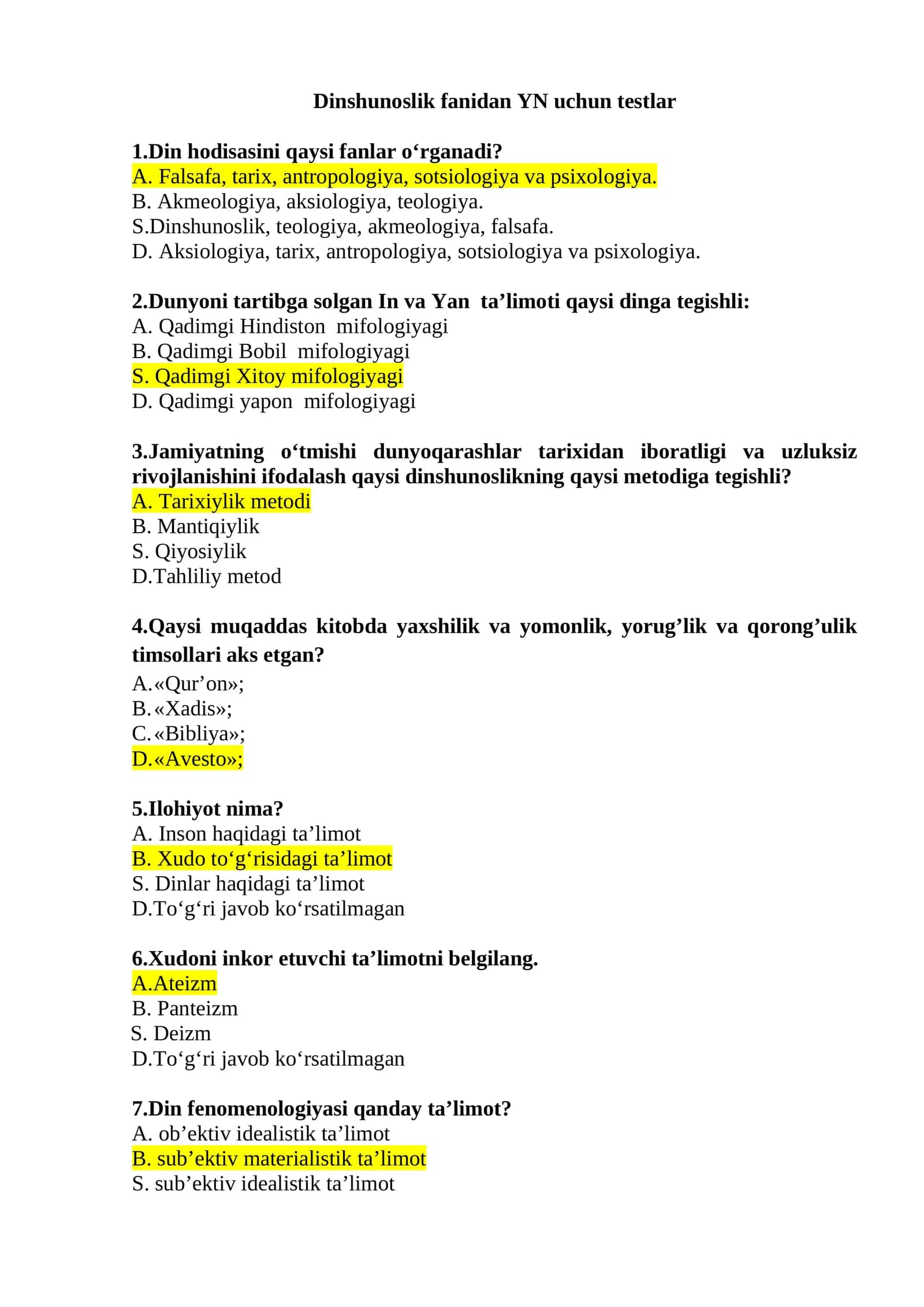 Dinshunoslik fanidan YN uchun testlar