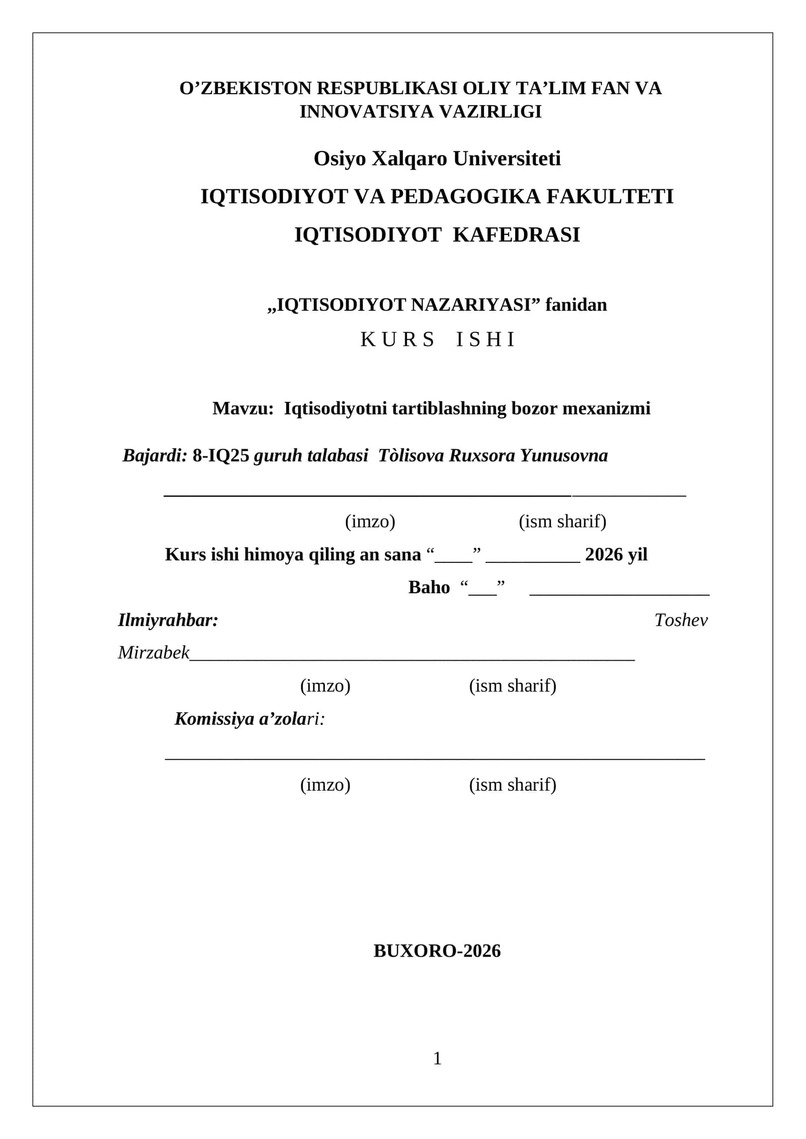 Iqtisodiyotni tartiblashning bozor mexanizmi