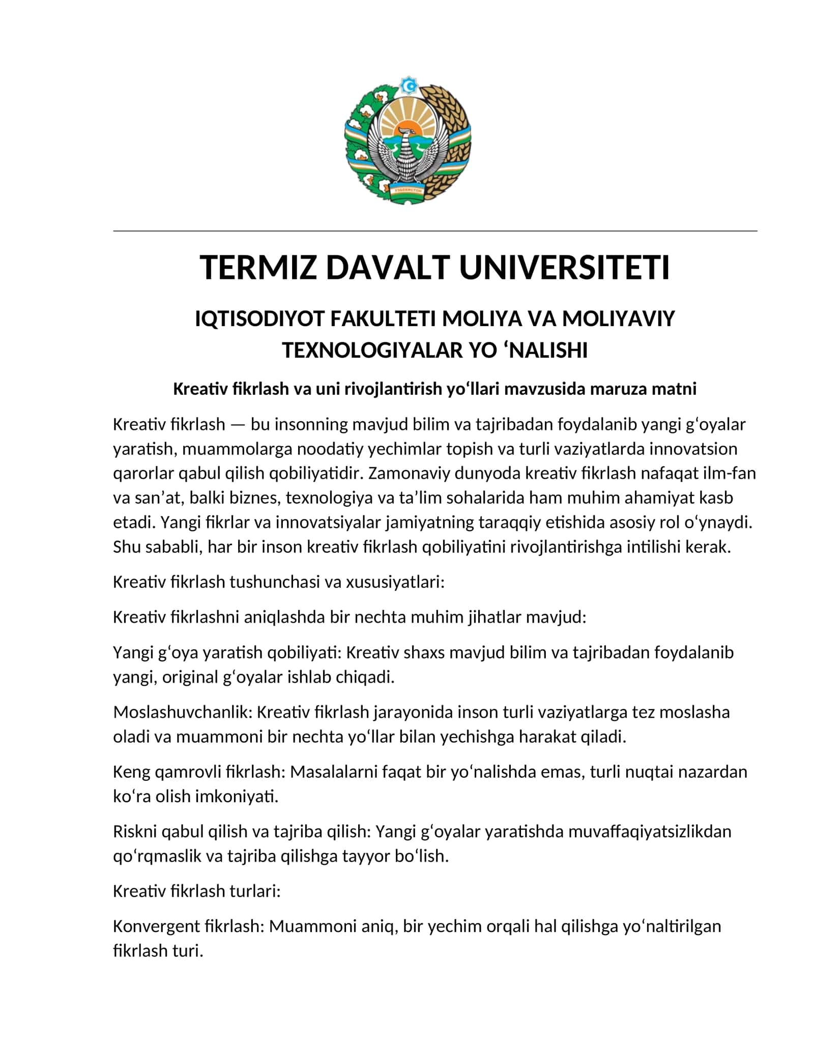 Kreativ fikrlash va uni rivojlantirish yo‘llari