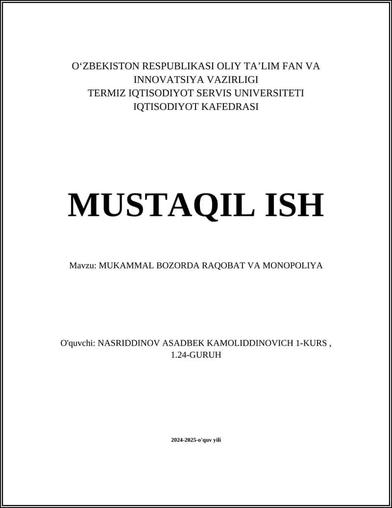 Mukammal Bozorda Raqobat va Monopoliya