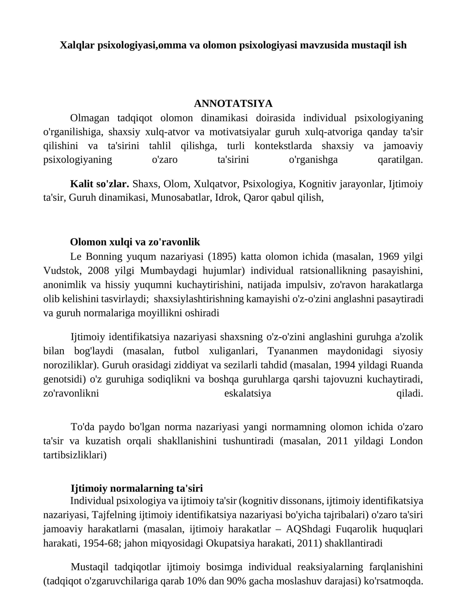 Xalqlar psixologiyasi,omma va olomon psixologiyasi