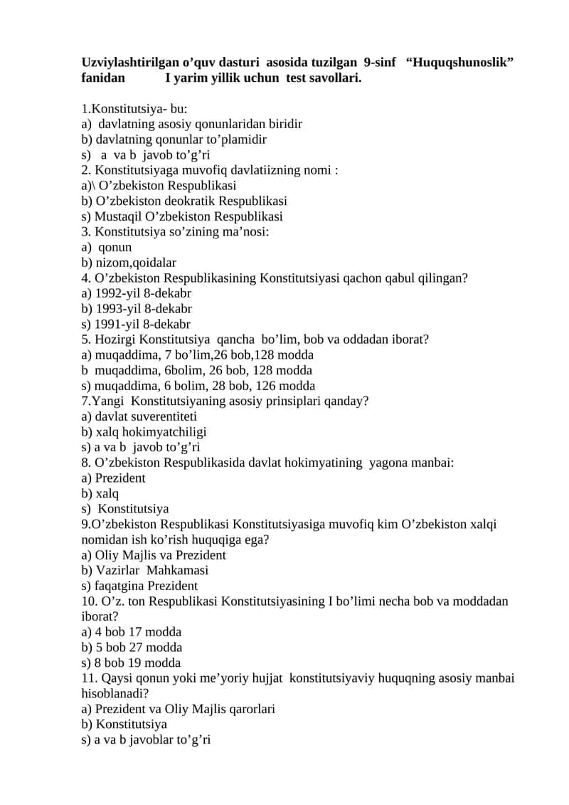 9-sinf “Huquqshunoslik” fanidan I yarim yillik uchun test savollari