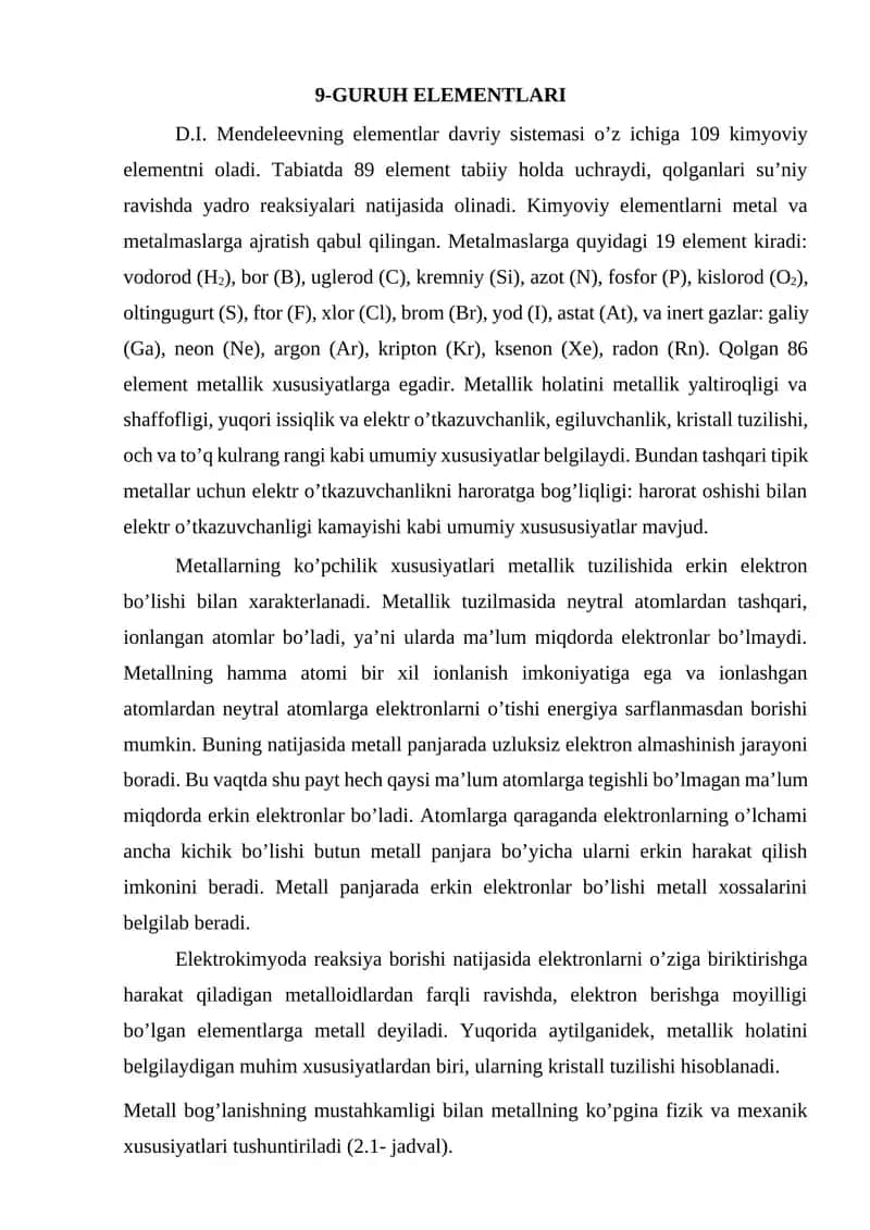 9-GURUH ELEMENTLARI