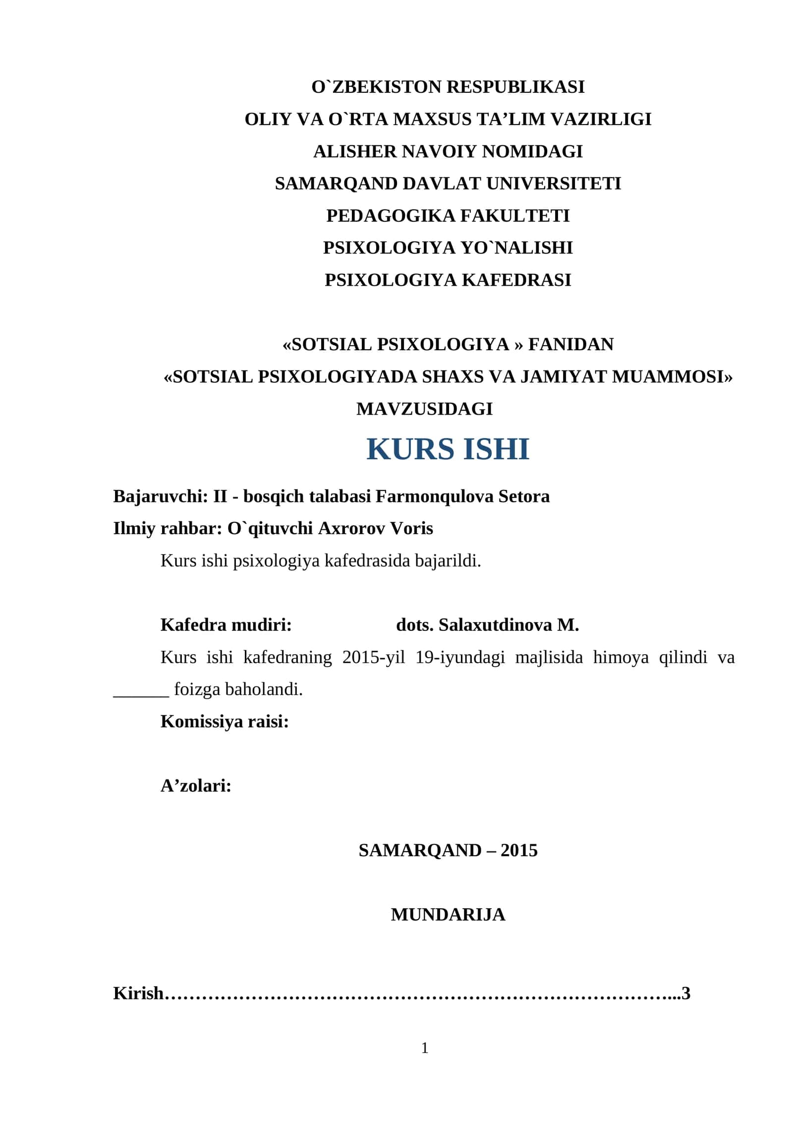 SOTSIAL PSIXOLOGIYADA SHAXS VA JAMIYAT MUAMMOSI