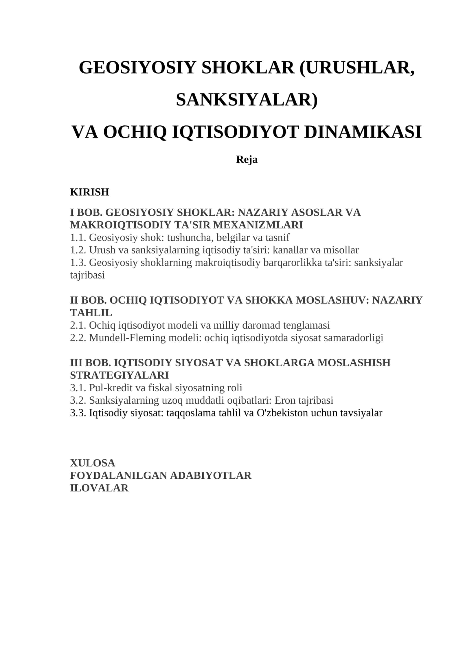 GEOSIYOSIY SHOKLAR (URUSHLAR, SANKSIYALAR) VA OCHIQ IQTISODIYOT DINAMIKASI