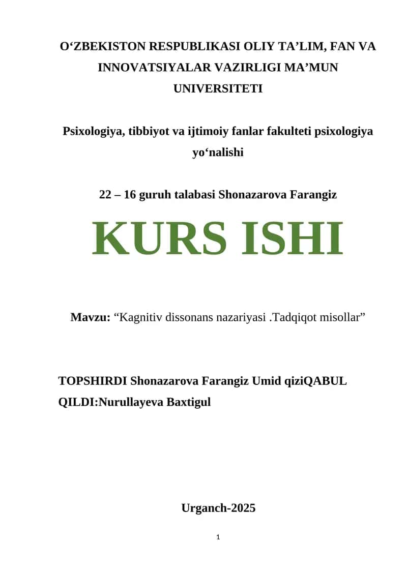 Kagnitiv dissonans nazariyasi.Tadqiqot misollar