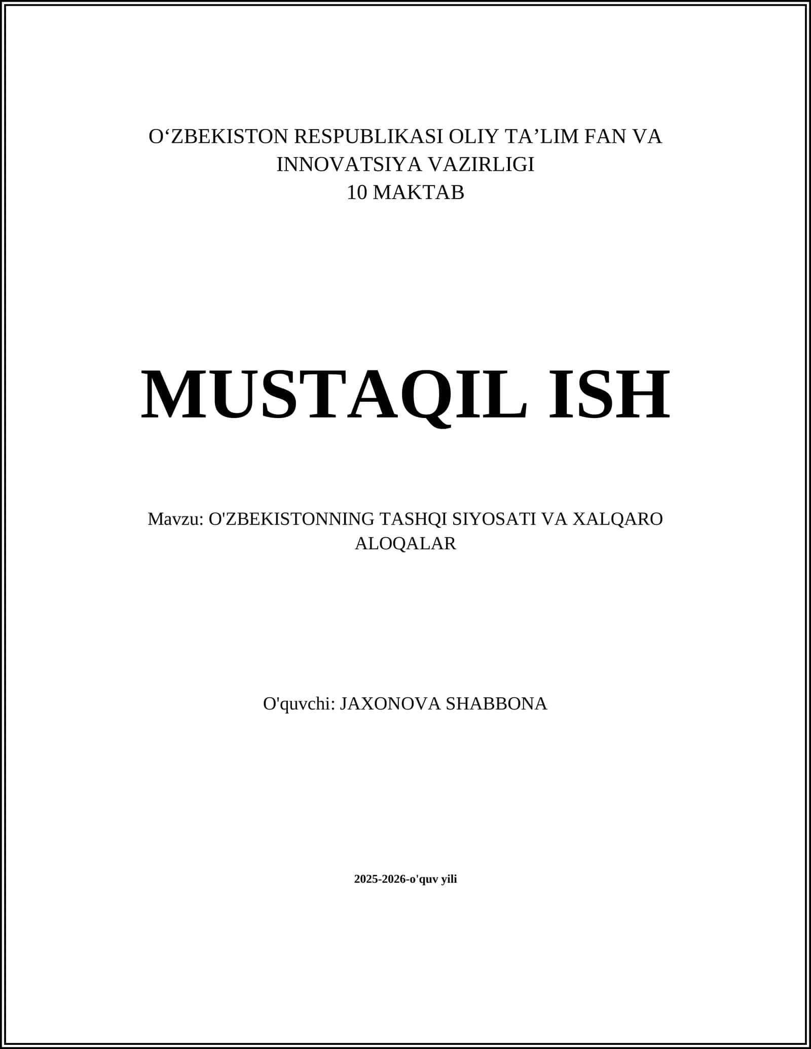 O'zbekistonning tashqi siyosati va xalqaro aloqalar