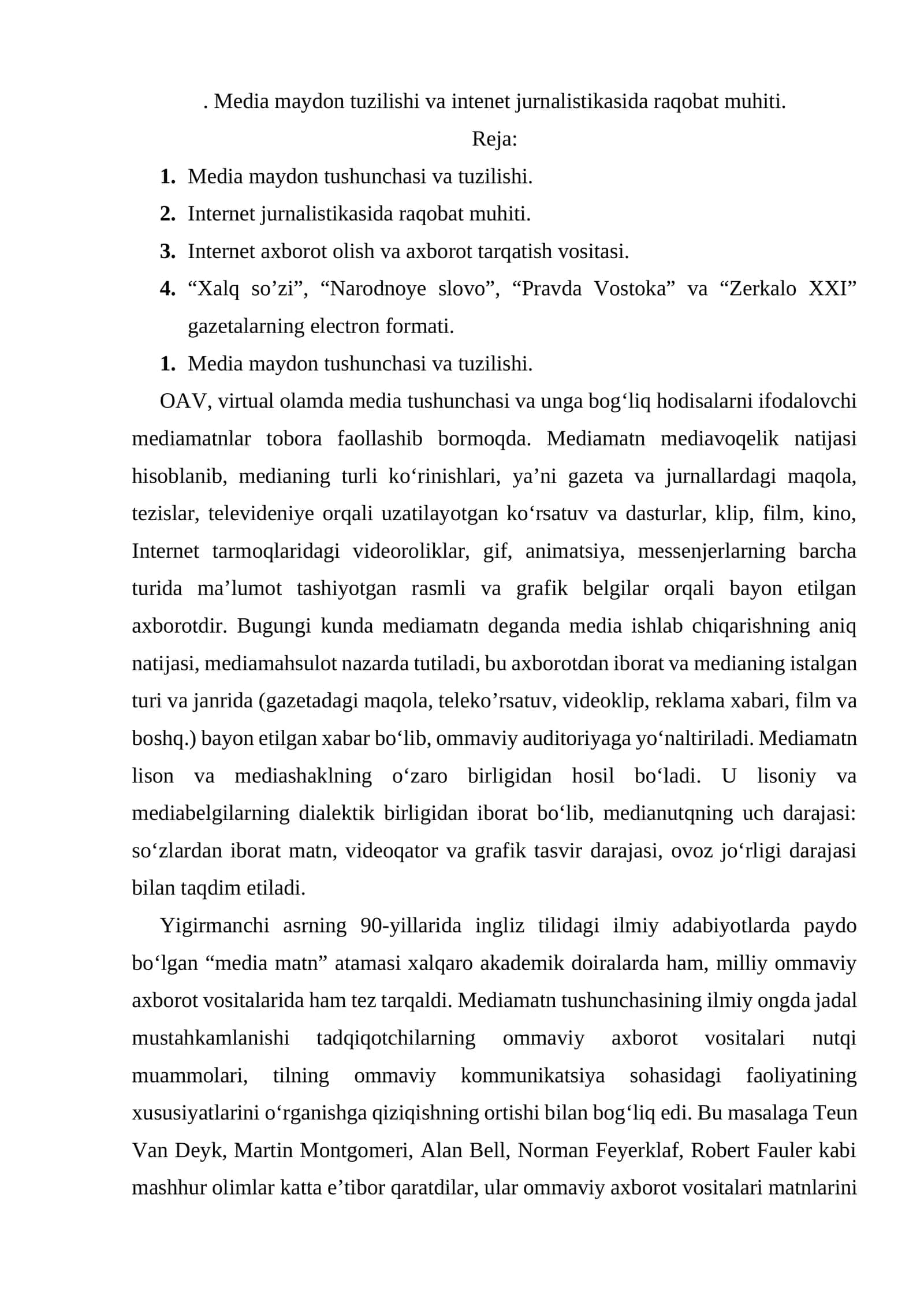 Media maydon tuzilishi va intenet jurnalistikasida raqobat muhiti