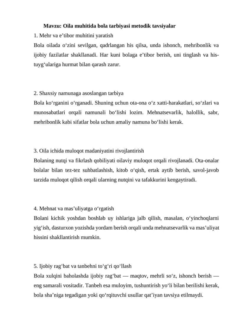 Oila muhitida bola tarbiyasi metodik tavsiyalar