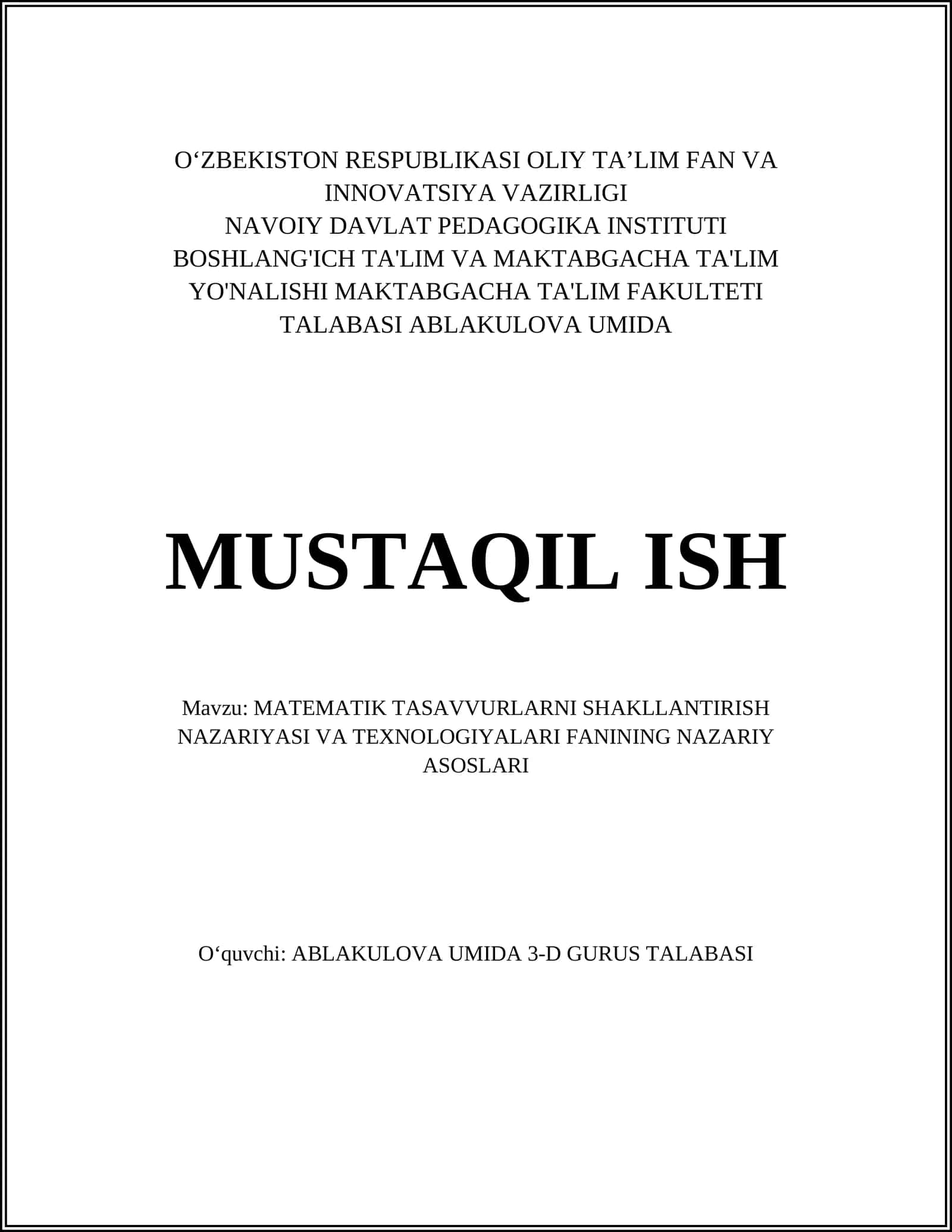 MATEMATIK TASAVVURLARNI SHAKLLANTIRISH NAZARIYASI VA TEXNOLOGIYALARI FANINING NAZARIY ASOSLARI