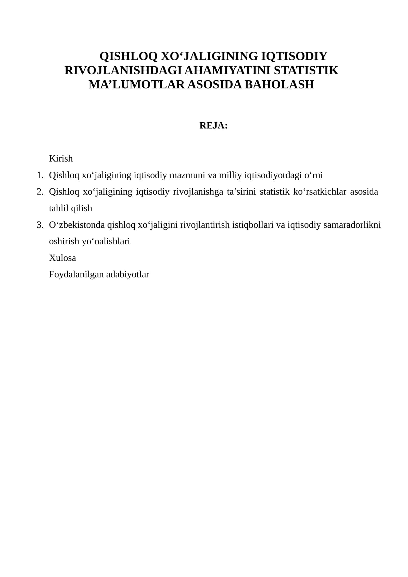 QISHLOQ XO‘JALIGINING IQTISODIY RIVOJLANISHDAGI AHAMIYATINI STATISTIK MA’LUMOTLAR ASOSIDA BAHOLASH