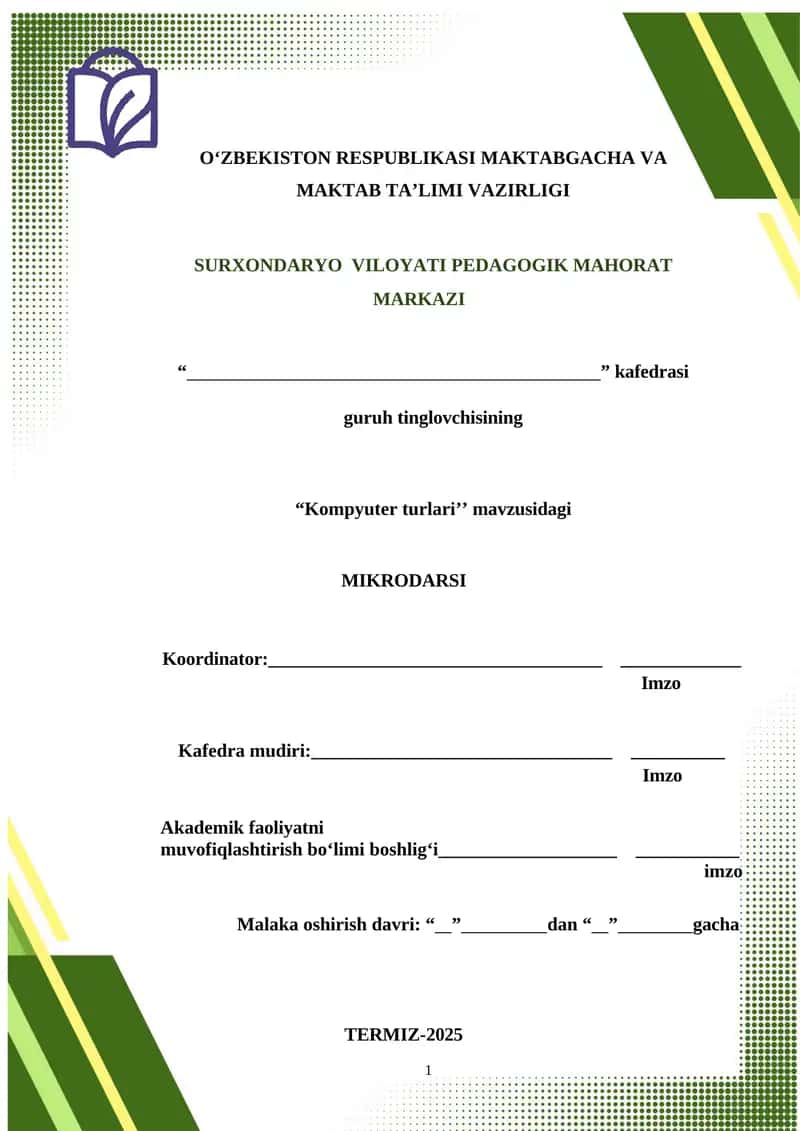 “Kompyuter turlariʼʼ mavzusidagi MIKRODARSI