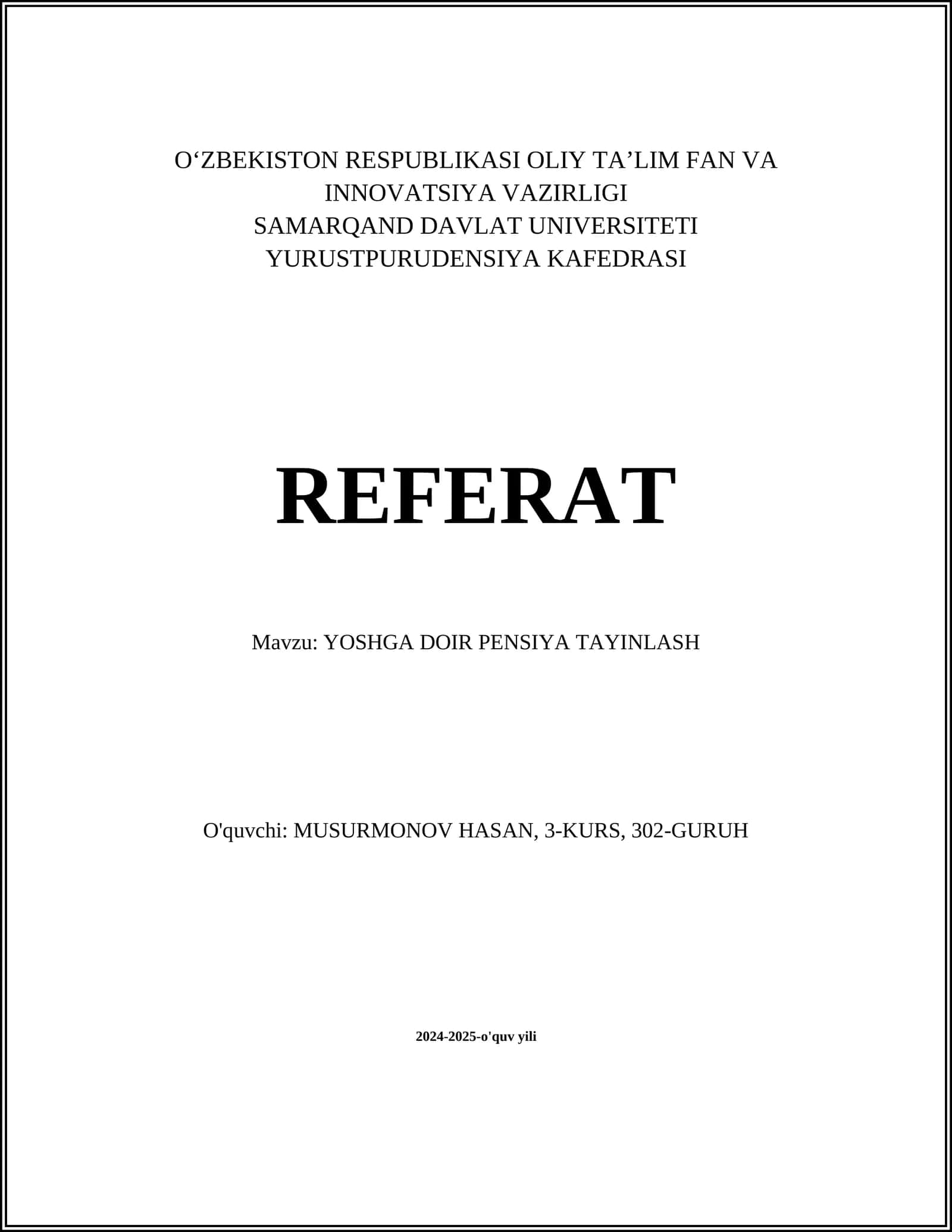 YOSHGA DOIR PENSIYA TAYINLASH
