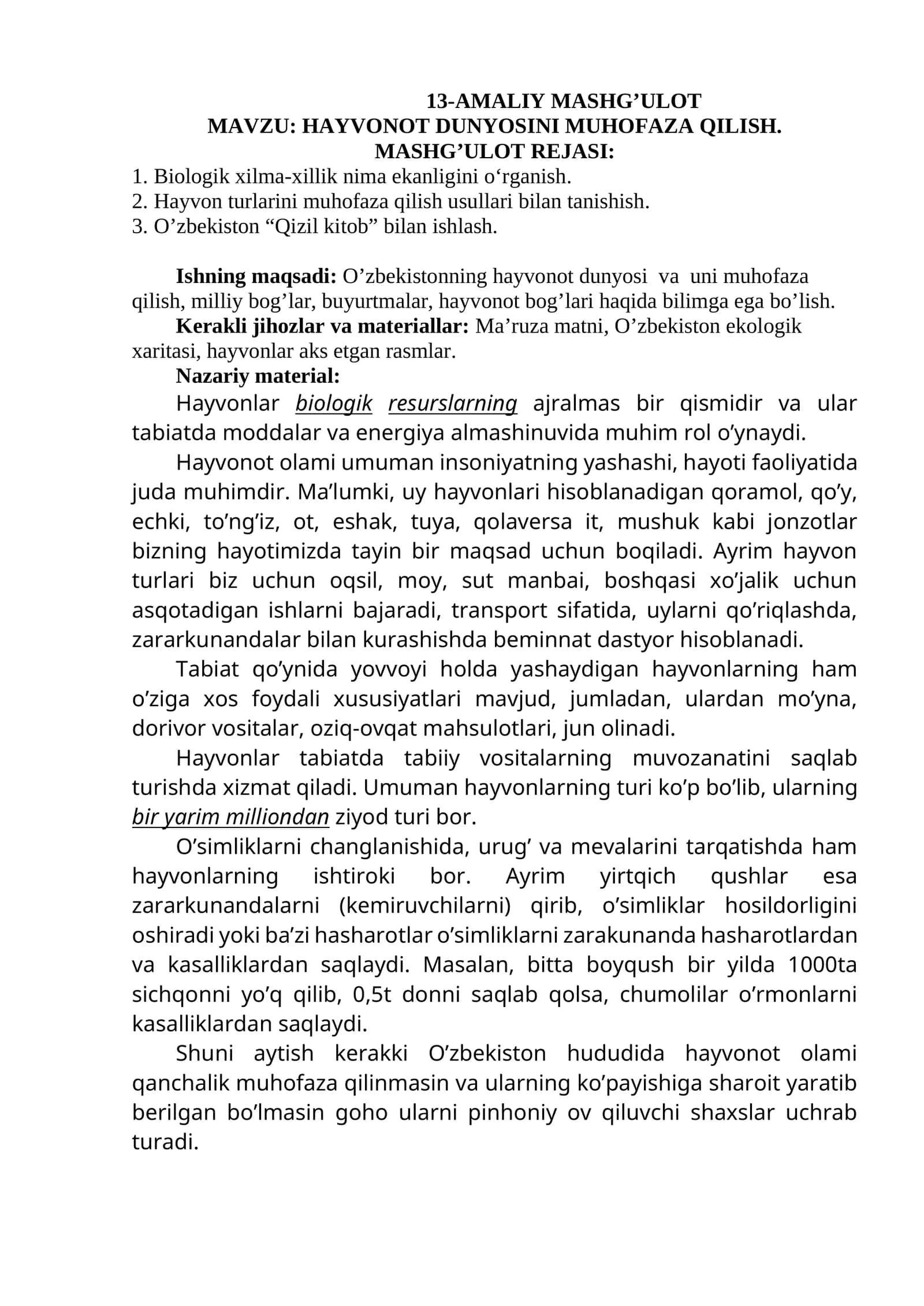 HAYVONOT DUNYOSINI MUHOFAZA QILISH