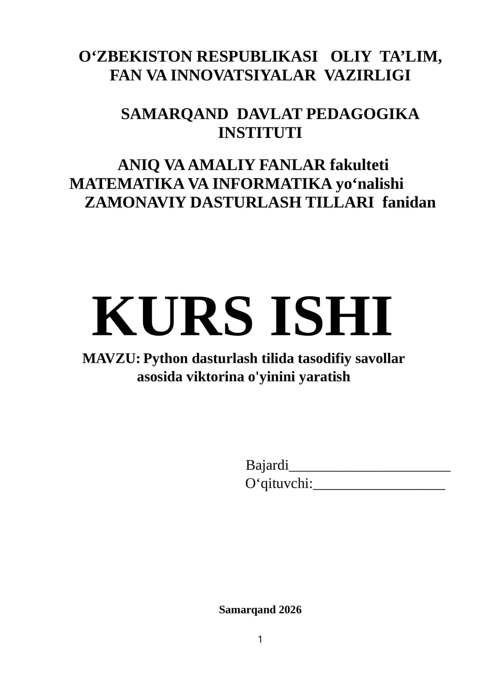 Python dasturlash tilida tasodifiy savollar asosida viktorina o'yinini yaratish PDF